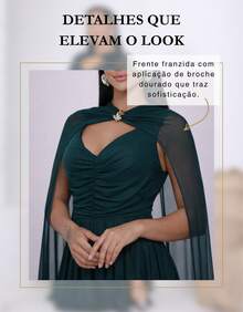 Women's Long Party Dress With Slit, Cape Sleeves, Gathered Bust And Brooch, Solid Color, Elegant, For New Year's Eve, Wedding, Bridesmaid, Graduation. - 墨綠色 - 查看 4