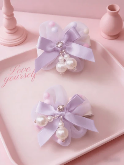 2pcs/Set Ethereal Purple Pearl Bow Side Clip, Sweet Headwear Hair Clip