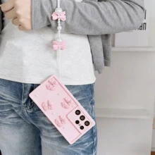 Ốp điện thoại 3D màu hồng đính nơ và ngọc trai xinh xắn, kèm dây đeo cổ tay, chống rơi vỡ, kiểu dáng nữ tính. - Hồng - Xem 4