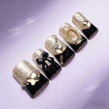 Mia Nails 10 PCS Handmade Flare Duck Bill Press-On Nails, Vintage Luxury Black & Gold Acrylic Nails With 3D Portrait Frame, Black Bow & Heart Gem Embellishments, Reusable Fake Nails For Women Teen Girls, Perfect For Date Night Formal Event Party Vintage Gathering - Nhiều màu - Xem 4