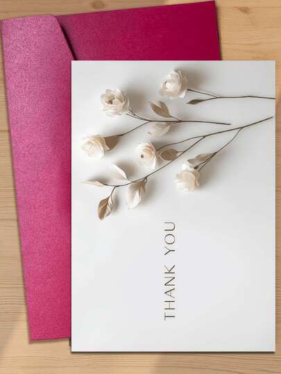 1 Thiệp chúc mừng nghệ thuật 3D bằng giấy tinh tế hình hoa hồng trắng, nền màu be tối giản tự nhiên với cành cây khô, thiết kế dọc "Cảm ơn!", thích hợp để bày tỏ lòng biết ơn, chúc mừng ngày lễ, hoặc thể hiện tình cảm nghệ thuật nói chung (Bao gồm 1 thiệp và 1 phong bì, kích thước 4.3" x 6.3")