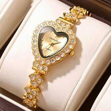 1件装女士心形水钻金色钢带休闲学生石英腕表，韩版 - 均碼 - 查看 7