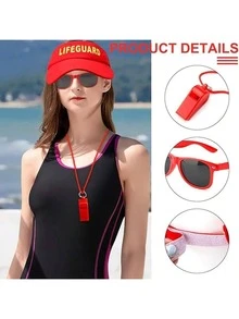 Summer Swimming, Surfing, Beach Party Lifeguard Sunhat & Whistle Set - Red - View 1
