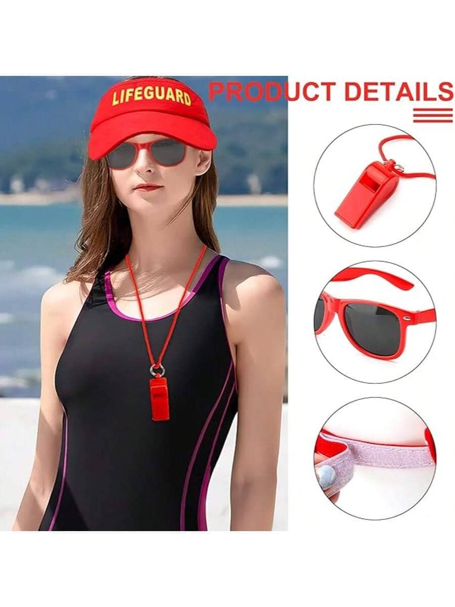 Summer Swimming, Surfing, Beach Party Lifeguard Sunhat & Whistle Set - Red - View 1