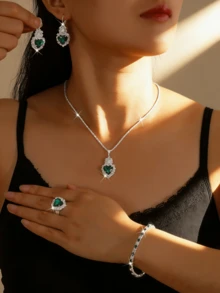 Bộ trang sức 5 món dành cho nữ: Dây chuyền đá sapphire hình trái tim, bông tai, nhẫn, vòng tay, trang sức cưới và dạ hội cao cấp. - Bộ trái tim - Xem 4