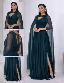 Women's Long Party Dress With Slit, Cape Sleeves, Gathered Bust And Brooch, Solid Color, Elegant, For New Year's Eve, Wedding, Bridesmaid, Graduation. - 墨綠色 - 查看 5