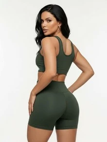 Kit Of 2: Top And Shorts Set, High-Waisted Shaping Gym Fashion For Women - 黑色/軍綠色 - 查看 4