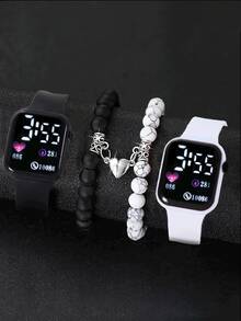 4件套 LED 数字显示情侣心形方形电子手表 - 黑與白 - 查看 2