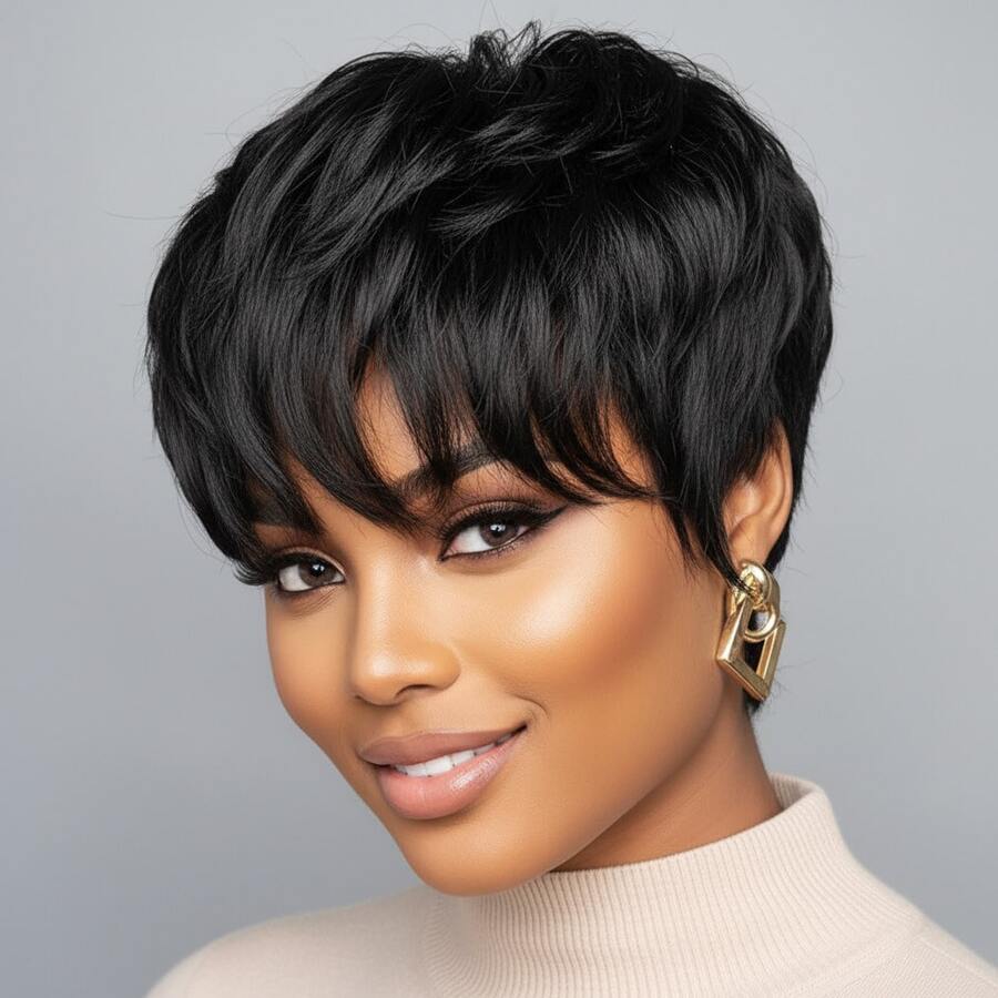 Summer Style Short Pixie Cut Wig Burgundy Red Afro Short Curly Black Wigs Side Part Curly Bangs Synthetic No Glue Brown Wigs Natural Looking Cosplay Hair Wig Short Burgundy Curly Wigs Wine Red Pixie Cut Wigs With Side Bangs Easy To Wear - BLACK435-1 - 查看 1