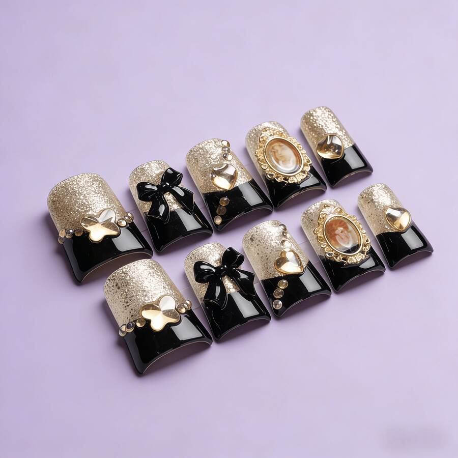 Mia Nails 10 PCS Handmade Flare Duck Bill Press-On Nails, Vintage Luxury Black & Gold Acrylic Nails With 3D Portrait Frame, Black Bow & Heart Gem Embellishments, Reusable Fake Nails For Women Teen Girls, Perfect For Date Night Formal Event Party Vintage Gathering - Nhiều màu - Xem 1