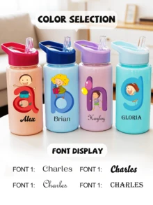 Customizable Name Text, 500ml Kids Water Bottle With Straw Cup, Best Gift For Girls And Boys For School/Graduation, Outdoor Sports Water Bottle, 26 Letters Campus Student Cup - Solid Color - View 5