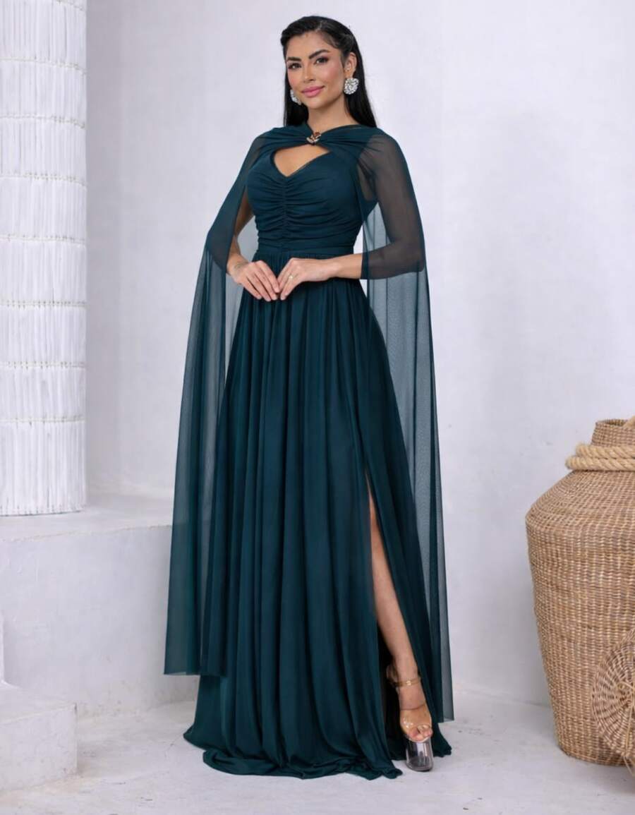 Women's Long Party Dress With Slit, Cape Sleeves, Gathered Bust And Brooch, Solid Color, Elegant, For New Year's Eve, Wedding, Bridesmaid, Graduation. - 墨綠色 - 查看 1