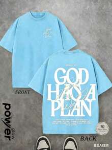 Jesus Graphic Print T-Shirt 'God Has A Plan', Double-Sided Print, Washed T-Shirt, Party Favors, Y2K Graphic Tees For Men, Vintage Washed Style T-Shirts - Sky Blue - View 5