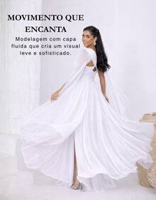 Women's Long Party Dress With Slit, Cape Sleeves, Gathered Bust And Brooch, Solid Color, Elegant, For New Year's Eve, Wedding, Bridesmaid, Graduation. - 白色 - 查看 3
