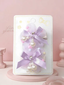 2pcs/Set Ethereal Purple Pearl Bow Side Clip, Sweet Headwear Hair Clip - Purple - View 4