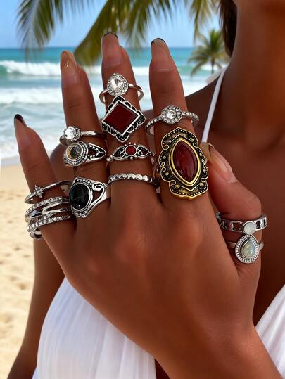 Vintage Boho Ring Set For Women - 13 Pcs Stackable Simulated Crystal & Gemstone Rings With Faux Red Agate, Faux Black Onyx & Faux Opal - Bohemian Beach & Everyday Jewelry