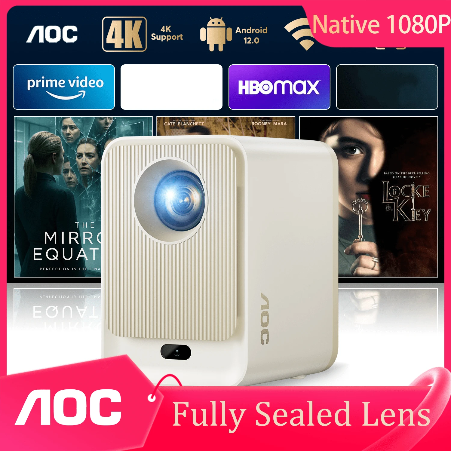 Proyector AOC con lente totalmente sellada, 9000 lúmenes, resolución nativa 1080p, compatible con 4K, enfoque automático, pantalla grande de 250 pulgadas, proyección inalámbrica, universal para teléfonos móviles, ordenadores y consolas de videojuegos, apto para uso en exteriores.