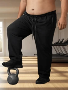 大尺碼男士運動長褲 1XL-5XL，春秋夏薄款快乾，附拉鍊口袋與腰部抽繩，適合高個男士，黑色秋季款 - 黑色 - 查看 6