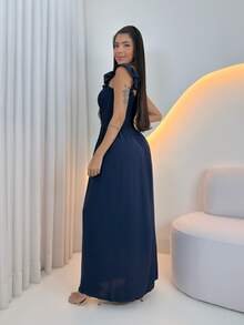 Women's Casual Long Dress With Elastic Straps And Slit - Inexpensive With Elastane - 藏蓝色 - 查看 2