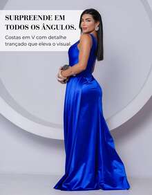 Women's Satin Formal Party Dress With Slit And Braided Gathered Detail, Suitable For Weddings, Bridesmaids, And Graduations. - 藍色 - 查看 5