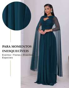 Women's Long Party Dress With Slit, Cape Sleeves, Gathered Bust And Brooch, Solid Color, Elegant, For New Year's Eve, Wedding, Bridesmaid, Graduation. - 墨綠色 - 查看 7