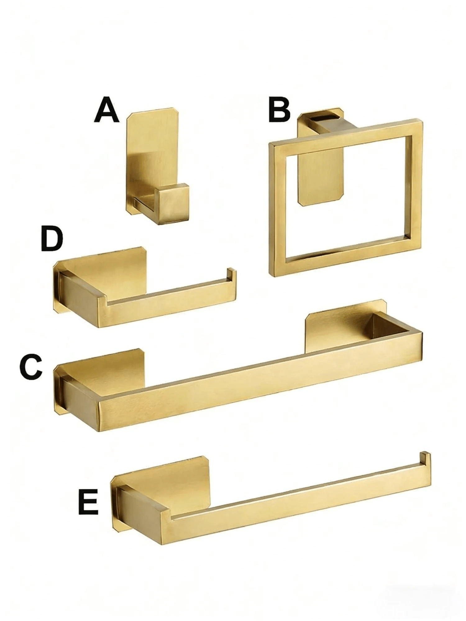 Bộ phụ kiện phòng tắm mạ vàng mờ, thanh treo khăn/móc treo áo choàng/vòng treo khăn/giá đựng giấy vệ sinh tự dính, bộ phụ kiện phòng tắm hiện đại bằng thép không gỉ. - Vàng - Xem 1