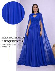 Women's Long Party Dress With Slit, Cape Sleeves, Gathered Bust And Brooch, Solid Color, Elegant, For New Year's Eve, Wedding, Bridesmaid, Graduation. - 藍色 - 查看 7