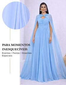 Women's Long Party Dress With Slit, Cape Sleeves, Gathered Bust And Brooch, Solid Color, Elegant, For New Year's Eve, Wedding, Bridesmaid, Graduation. - 寧靜藍 - 查看 7