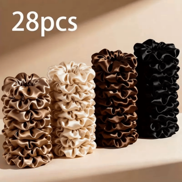 Juego de 28 scrunchies de satén - Tonos neutros de moca | Negro, marrón moca, beige y tonos tierra | Accesorios de cabello versátiles para mujeres, sujetadores de cola de caballo, elásticos de cabello, bandas de goma, cuerda de cabello, elástico de cabello, festival, fiesta