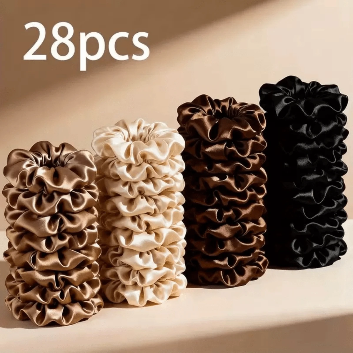 28-Piece Satin Scrunchie Set - Mocha Neutral Hair Ties | Black, Mocha Brown, Hair Accessories - Multicolor - View 1