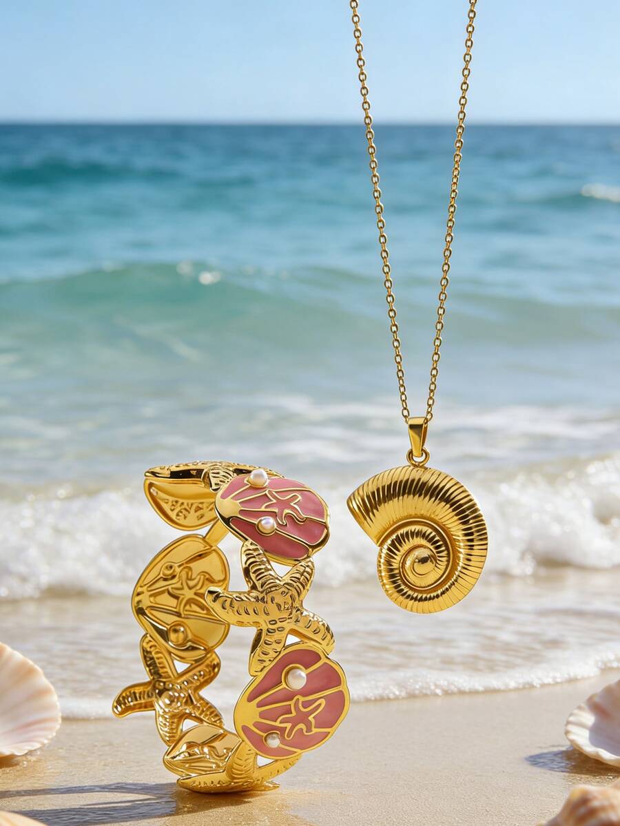 VceTd 一套海洋度假风格首饰套装，采用海洋元素设计，不锈钢材质，适合女性海滩度假、日常生活或通勤佩戴，也可作为节日礼物赠送给亲朋好友。 - 金黃色 - 查看 1