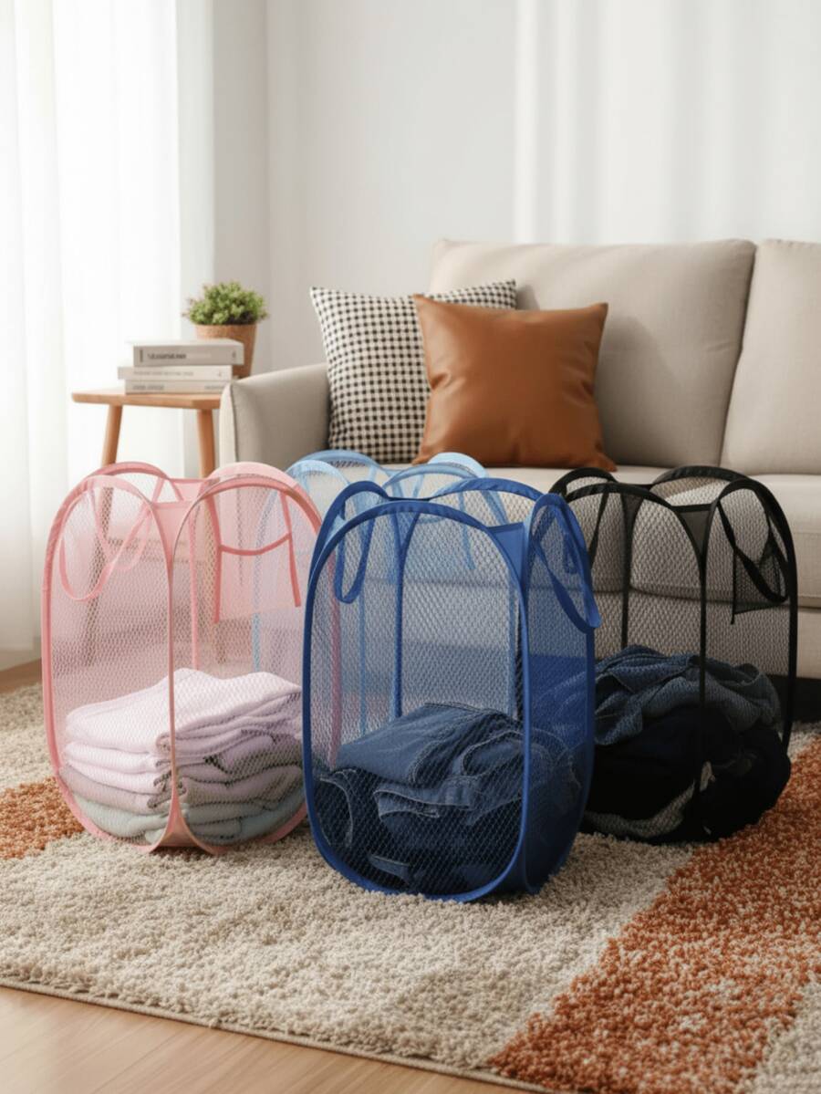 1pc Minimalist Breathable Portable Foldable Laundry Basket - Foldable Laundry Basket Suitable For Home Bedroom Bathroom, With Side Pocket Portable Foldable Storage Basket - Essential For Travel Commute - Pink - View 1