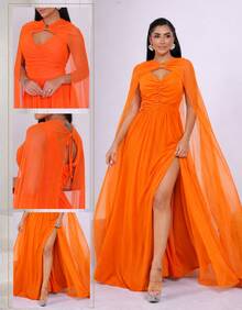 Women's Long Party Dress With Slit, Cape Sleeves, Gathered Bust And Brooch, Solid Color, Elegant, For New Year's Eve, Wedding, Bridesmaid, Graduation. - 橘色 - 查看 4