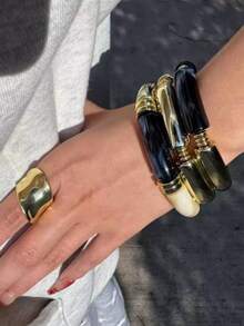 3pcs/Set 1pc Retro Minimalist Elegant Resin Acrylic Navy Blue Elastic Bangle Set, Suitable For Daily Wear, Parties, Valentine's Day, Dates, Holidays, Stackable, 2026 New Arrival - Bohemian Style Bracelet - View 1
