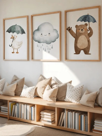 1幅帆布婴儿房墙画，带框儿童房装饰画，熊和鸭子儿童房艺术画，奇趣动物装饰画，小鸭和熊撑伞图案，雨云主题儿童房装饰画，波西米亚风格婴儿房海报，云朵雨滴墙画，婴儿房装饰，新生儿礼物