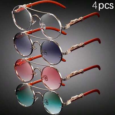 Paquete de 4 gafas de sol redondas de metal con puente doble y decoración de cabeza de leopardo, estilo vintage europeo y americano para uso al aire libre y diario