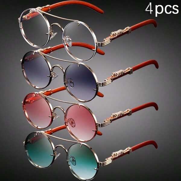 4-Pack Men's Retro Double Bridge Round Metal Sunglasses With Leopard Head Decor Vintage European And American Style Eyewear For Outdoor And Daily Wear