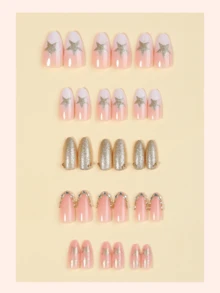 Y2K 星空亚克力美甲 10 片装 全息中号杏仁形按压式美甲贴片，DIY 艺术金色 3D 假指甲套装，带金色钻石点缀，适合女孩和女士作为日常美甲配饰、节日派对装饰或礼物 - 彩色 - 查看 2