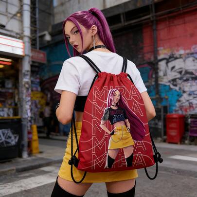 Hasbro Pamveon K-POP Witch Girl Group Mira Drawstring Backpack, Red Character Print Lightweight Waterproof Gym Sack, Portable Sports Bag For Fans