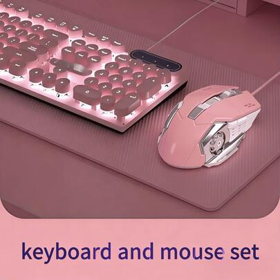 Aesthetic Pink LED Backlit Keyboard Mouse Combo, Ergonomic Tilt Angle, Kawaii Computer Peripherals ,Plug And Play For Home Office Gaming