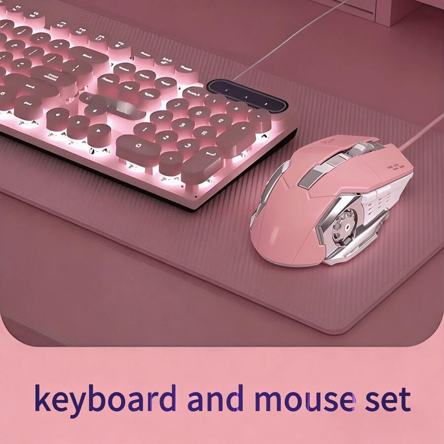 Aesthetic Pink LED Backlit Keyboard Mouse Combo, Ergonomic Tilt Angle, Kawaii Computer Peripherals ,Plug And Play For Home Office Gaming - 查看 1