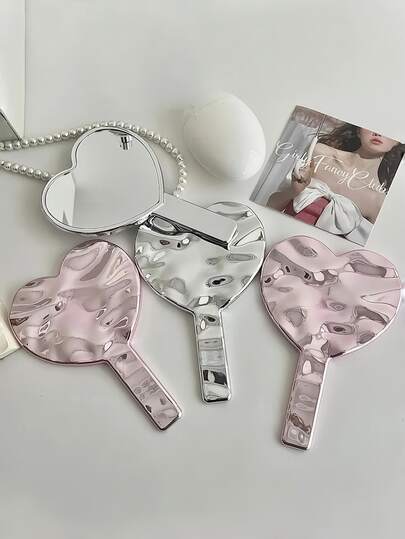 Gương trang điểm cầm tay hình trái tim kiểu INS, gương cầm tay gợn sóng, gương cầm tay di động dành cho phụ nữ
