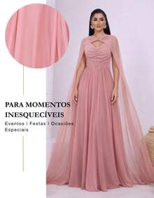 Women's Long Party Dress With Slit, Cape Sleeves, Gathered Bust And Brooch, Solid Color, Elegant, For New Year's Eve, Wedding, Bridesmaid, Graduation. - 乾枯玫瑰色 - 查看 6