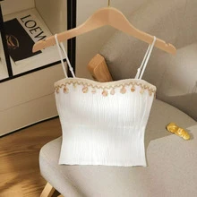 Damen Boho-Stil Casual Elegantes Trägerhemd, Strukturiertes Stoff-Top, Quasten-Top, geeignet für Strand, Alltag und Party - Weiss - Übersicht 3