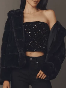 Women's Sparkly Sequin Cropped Tube Tops Strapless Party Clubwear Rave Concert Tops - Black - View 3