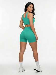 Kit Of 2: Top And Shorts Set, High-Waisted Shaping Gym Fashion For Women - Đen/Xanh ngọc - Xem 2