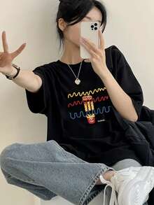Women's Black Knit Crew Neck Short Sleeve T-Shirt With Funny Fast Food Graphic Print, Regular Length, Slightly Stretchy - Black - View 2