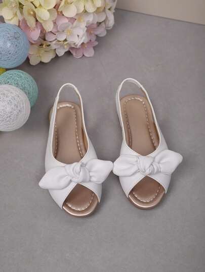 1 Pair Fashion Children's Sandals, Beige Girls' Flat Sandals With Bow Decor, Soft Non-Slip Sole, Suitable For Banquets, Gatherings, Parties, Weddings, Vacations