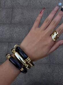 3pcs/Set 1pc Retro Minimalist Elegant Resin Acrylic Navy Blue Elastic Bangle Set, Suitable For Daily Wear, Parties, Valentine's Day, Dates, Holidays, Stackable, 2026 New Arrival - Bohemian Style Bracelet - View 3
