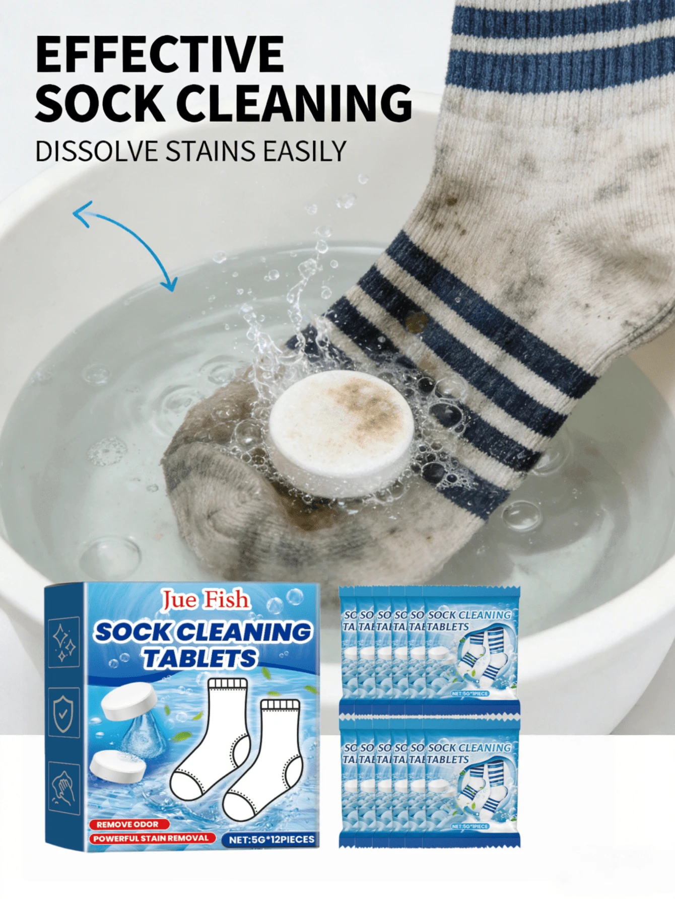 JUE FISH 12 Stück Socken Tiefenreinigungstücher, Wäsche Fleckentferner Tabletten für weiße Socken & Sneaker, tragbares Farbschutz Waschpapier, müheloser Schmutzradierer, reisefreundliche konzentrierte Wäschemittel, sofortige Auffrischung für graue Socken, unverzichtbares Zubehör